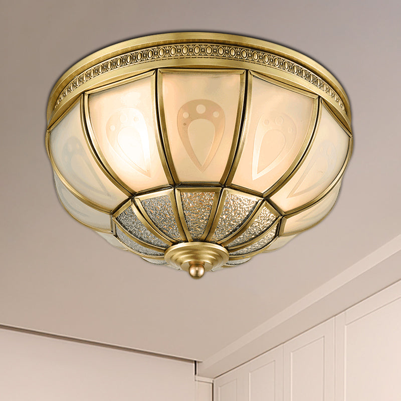 12"/16" W Dome Bedroom Flush Mount Light Colonial Opal Frosted Glass 2/3 Bulbs Brass Close to Ceiling Lamp Clearhalo 'Ceiling Lights' 'Close To Ceiling Lights' 'Close to ceiling' 'Flush mount' Lighting' 271038