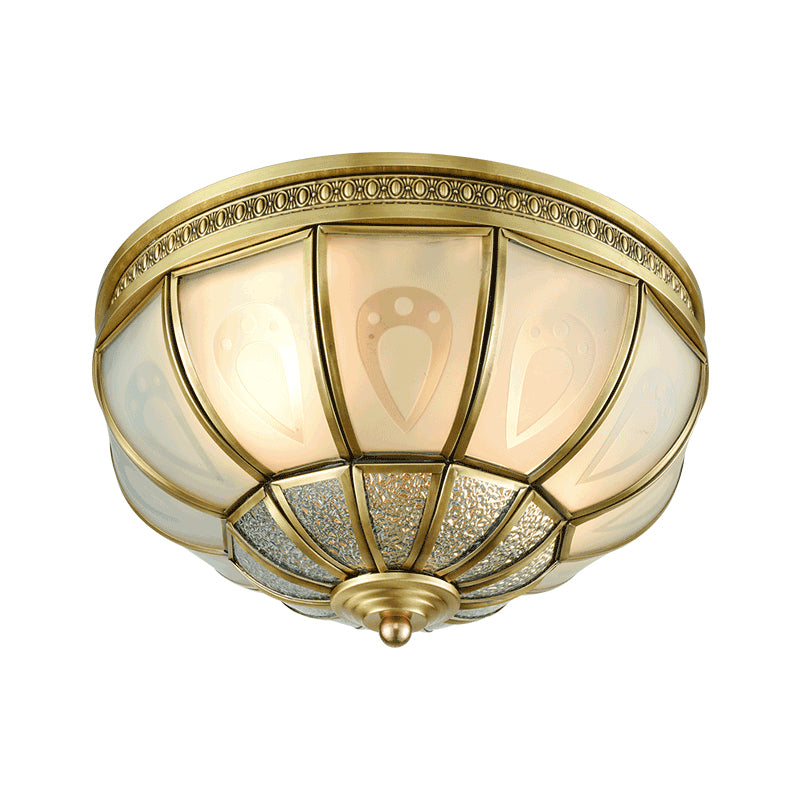 12"/16" W Dome Bedroom Flush Mount Light Colonial Opal Frosted Glass 2/3 Bulbs Brass Close to Ceiling Lamp Clearhalo 'Ceiling Lights' 'Close To Ceiling Lights' 'Close to ceiling' 'Flush mount' Lighting' 271040