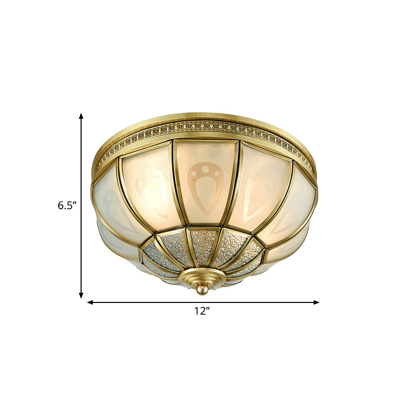 12"/16" W Dome Bedroom Flush Mount Light Colonial Opal Frosted Glass 2/3 Bulbs Brass Close to Ceiling Lamp Clearhalo 'Ceiling Lights' 'Close To Ceiling Lights' 'Close to ceiling' 'Flush mount' Lighting' 271041