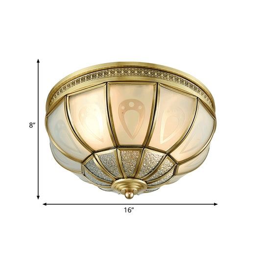 12"/16" W Dome Bedroom Flush Mount Light Colonial Opal Frosted Glass 2/3 Bulbs Brass Close to Ceiling Lamp Clearhalo 'Ceiling Lights' 'Close To Ceiling Lights' 'Close to ceiling' 'Flush mount' Lighting' 271042