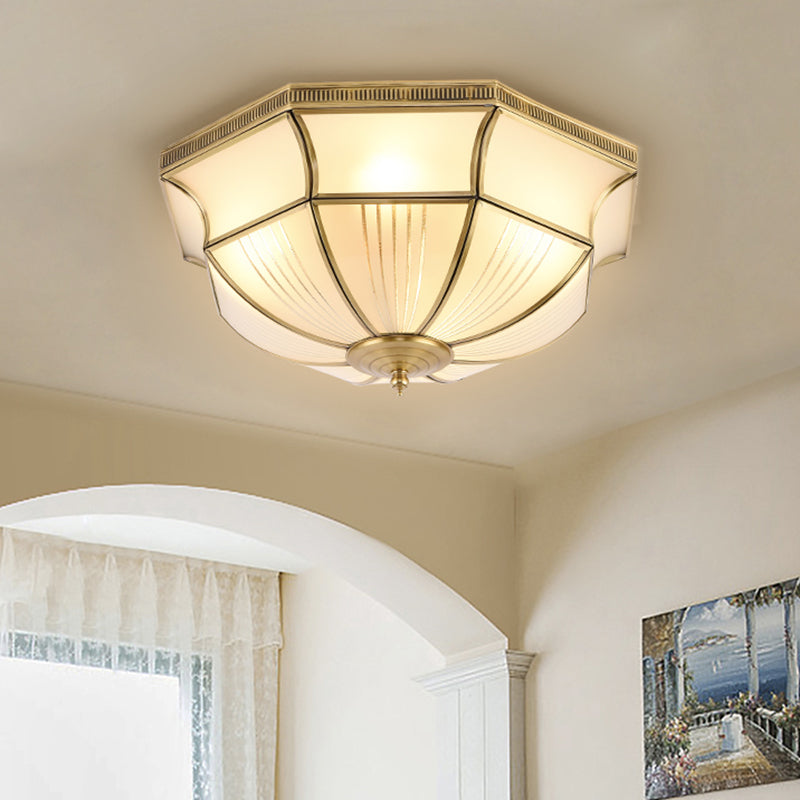 Brass 4 Lights Flush Mount Fixture Colonialism Satin Opal Glass Dome Ceiling Mounted Light for Hall Brass Clearhalo 'Ceiling Lights' 'Close To Ceiling Lights' 'Close to ceiling' 'Flush mount' Lighting' 271059