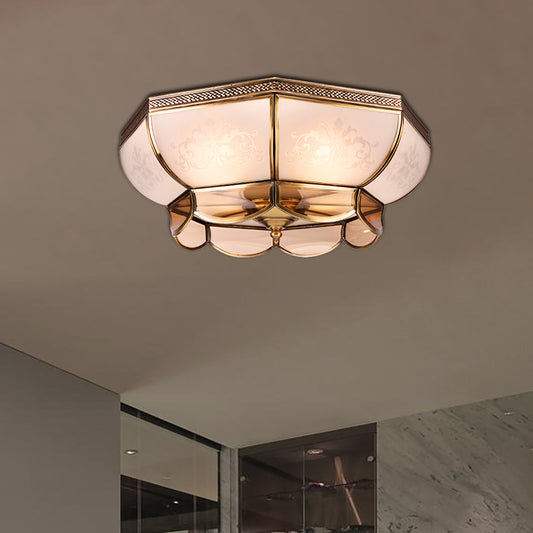 Colonialism Dome Ceiling Mounted Light 3/4 Bulbs 14"/18" W Frosted White Glass Flush Mount Chandelier in Brass for Bedroom Brass Clearhalo 'Ceiling Lights' 'Close To Ceiling Lights' 'Close to ceiling' 'Flush mount' Lighting' 271093