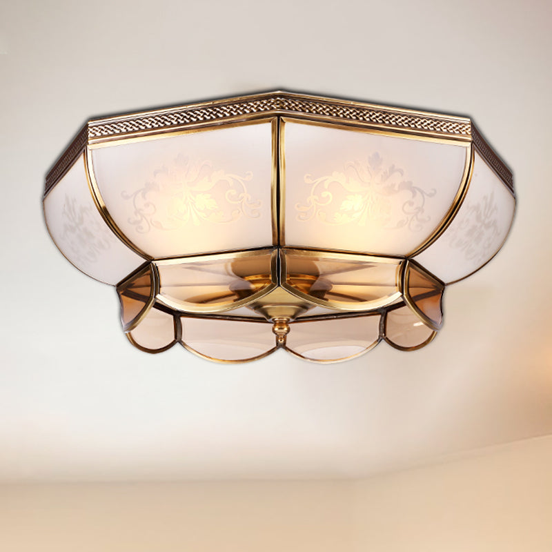 Colonialism Dome Ceiling Mounted Light 3/4 Bulbs 14"/18" W Frosted White Glass Flush Mount Chandelier in Brass for Bedroom Clearhalo 'Ceiling Lights' 'Close To Ceiling Lights' 'Close to ceiling' 'Flush mount' Lighting' 271094