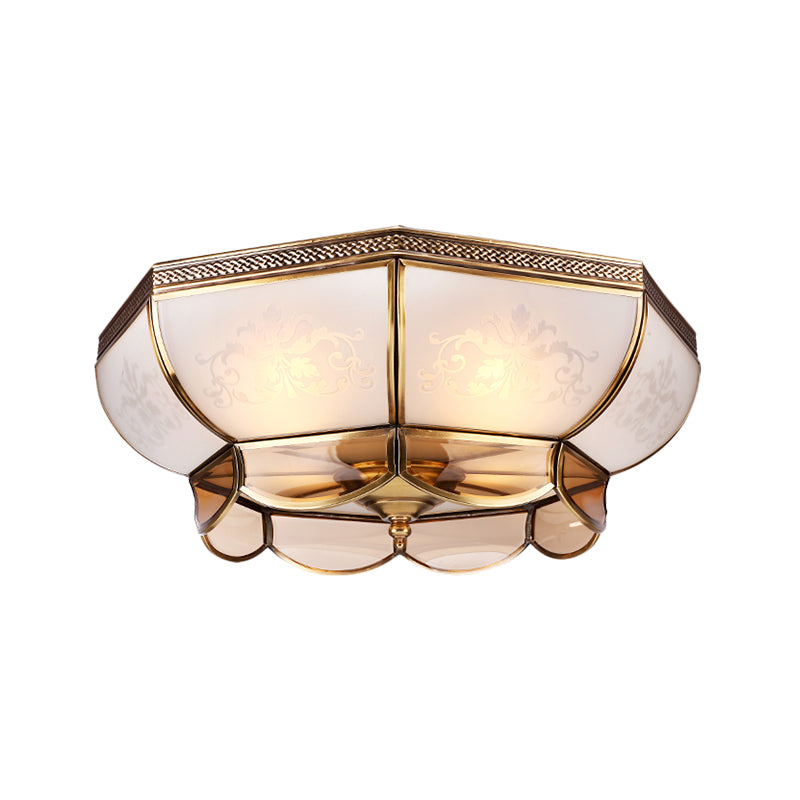 Colonialism Dome Ceiling Mounted Light 3/4 Bulbs 14"/18" W Frosted White Glass Flush Mount Chandelier in Brass for Bedroom Clearhalo 'Ceiling Lights' 'Close To Ceiling Lights' 'Close to ceiling' 'Flush mount' Lighting' 271096