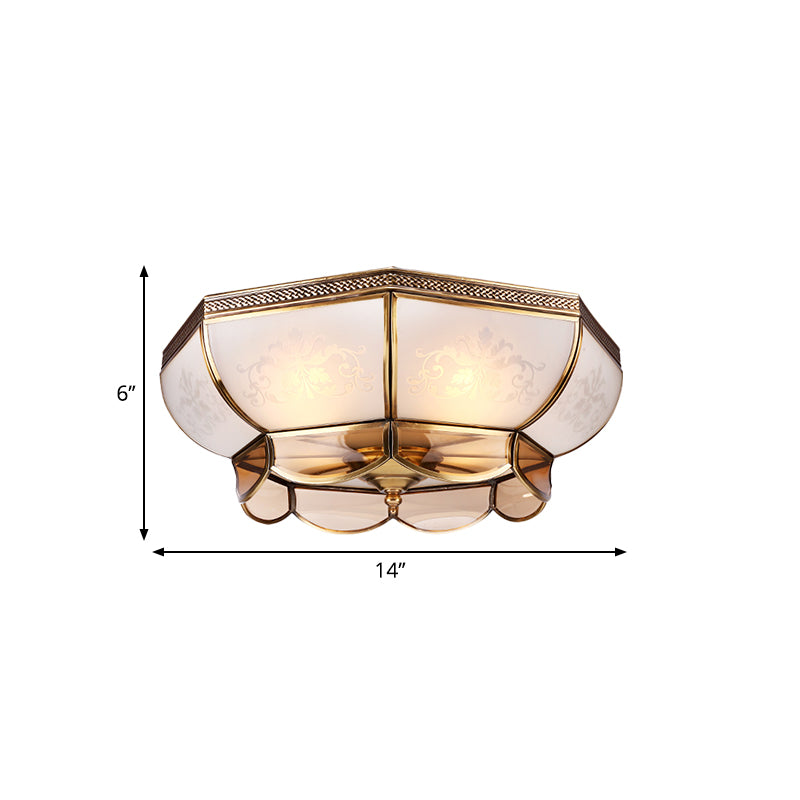 Colonialism Dome Ceiling Mounted Light 3/4 Bulbs 14"/18" W Frosted White Glass Flush Mount Chandelier in Brass for Bedroom Clearhalo 'Ceiling Lights' 'Close To Ceiling Lights' 'Close to ceiling' 'Flush mount' Lighting' 271097