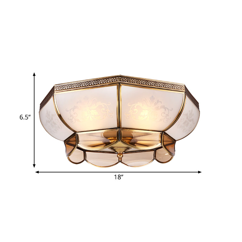 Colonialism Dome Ceiling Mounted Light 3/4 Bulbs 14"/18" W Frosted White Glass Flush Mount Chandelier in Brass for Bedroom Clearhalo 'Ceiling Lights' 'Close To Ceiling Lights' 'Close to ceiling' 'Flush mount' Lighting' 271098