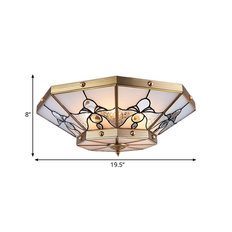 16"/19.5" W Frosted Glass Brass Ceiling Flush Conical 4 Heads Colonialist Flush Mount Lamp for Bedroom Clearhalo 'Ceiling Lights' 'Close To Ceiling Lights' 'Close to ceiling' 'Flush mount' Lighting' 271111