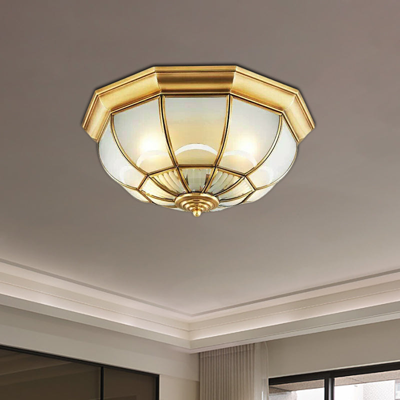 Frosted Glass Brass Ceiling Flush Dome 3/4/6 Heads Colonialist Flush Mount Lamp for Bedroom, 14"/18"/23.5" W Brass Clearhalo 'Ceiling Lights' 'Close To Ceiling Lights' 'Close to ceiling' 'Flush mount' Lighting' 271154