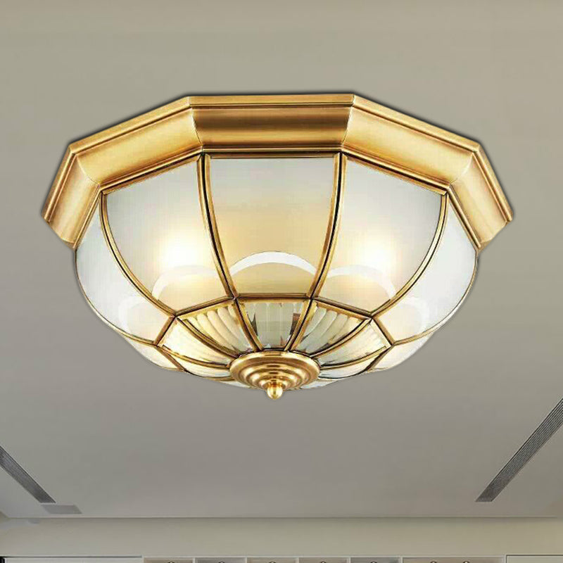 Frosted Glass Brass Ceiling Flush Dome 3/4/6 Heads Colonialist Flush Mount Lamp for Bedroom, 14"/18"/23.5" W Clearhalo 'Ceiling Lights' 'Close To Ceiling Lights' 'Close to ceiling' 'Flush mount' Lighting' 271155