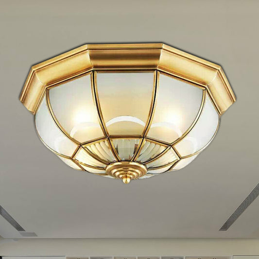 Frosted Glass Brass Ceiling Flush Dome 3/4/6 Heads Colonialist Flush Mount Lamp for Bedroom, 14"/18"/23.5" W Clearhalo 'Ceiling Lights' 'Close To Ceiling Lights' 'Close to ceiling' 'Flush mount' Lighting' 271155