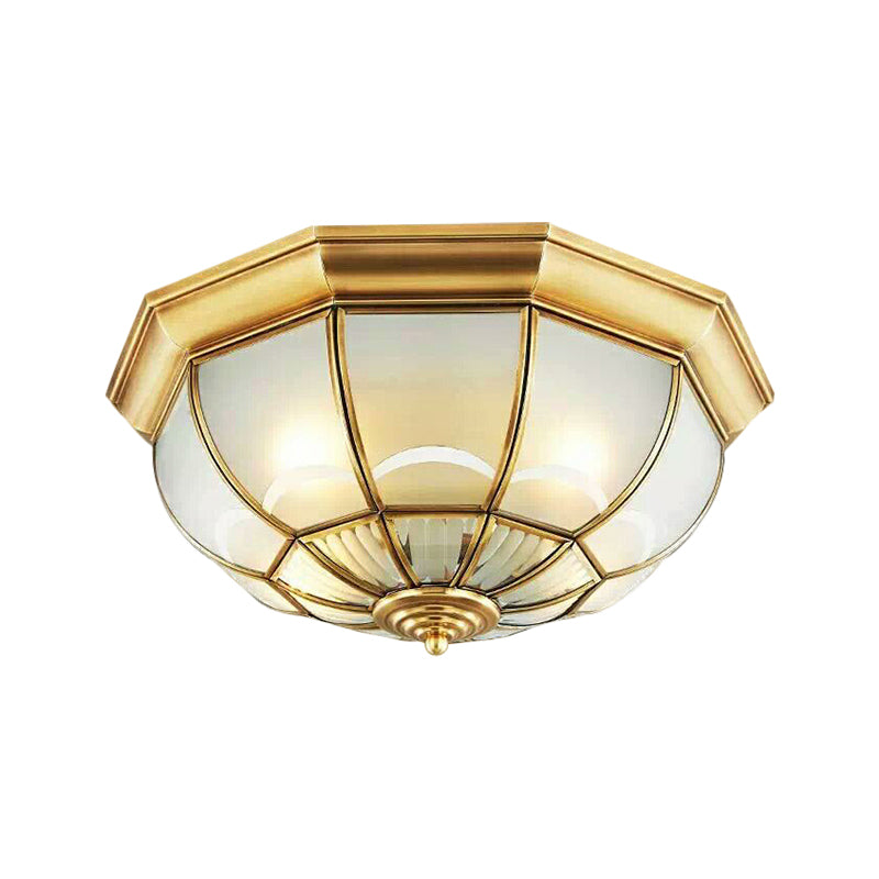 Frosted Glass Brass Ceiling Flush Dome 3/4/6 Heads Colonialist Flush Mount Lamp for Bedroom, 14"/18"/23.5" W Clearhalo 'Ceiling Lights' 'Close To Ceiling Lights' 'Close to ceiling' 'Flush mount' Lighting' 271157