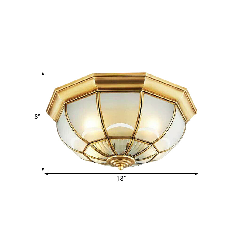 Frosted Glass Brass Ceiling Flush Dome 3/4/6 Heads Colonialist Flush Mount Lamp for Bedroom, 14"/18"/23.5" W Clearhalo 'Ceiling Lights' 'Close To Ceiling Lights' 'Close to ceiling' 'Flush mount' Lighting' 271159