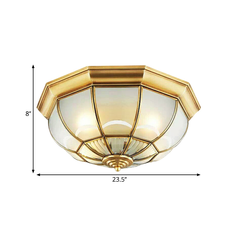 Frosted Glass Brass Ceiling Flush Dome 3/4/6 Heads Colonialist Flush Mount Lamp for Bedroom, 14"/18"/23.5" W Clearhalo 'Ceiling Lights' 'Close To Ceiling Lights' 'Close to ceiling' 'Flush mount' Lighting' 271160