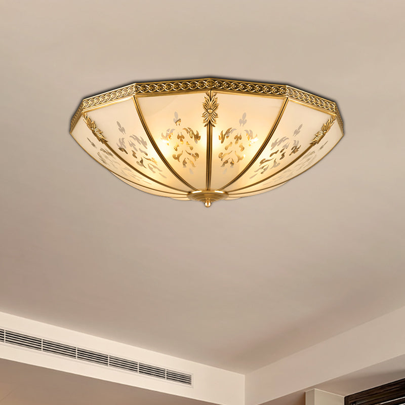 Colonialism Bowl Ceiling Mount Light Fixture 3 Bulbs Milk Glass Flush Mount Chandelier in Brass for Bedroom Brass Clearhalo 'Ceiling Lights' 'Close To Ceiling Lights' 'Close to ceiling' 'Flush mount' Lighting' 271161