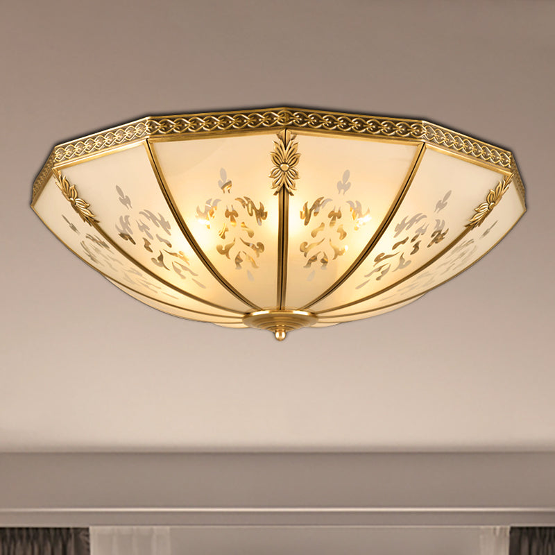 Colonialism Bowl Ceiling Mount Light Fixture 3 Bulbs Milk Glass Flush Mount Chandelier in Brass for Bedroom Clearhalo 'Ceiling Lights' 'Close To Ceiling Lights' 'Close to ceiling' 'Flush mount' Lighting' 271162