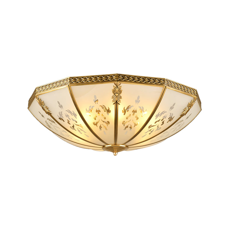 Colonialism Bowl Ceiling Mount Light Fixture 3 Bulbs Milk Glass Flush Mount Chandelier in Brass for Bedroom Clearhalo 'Ceiling Lights' 'Close To Ceiling Lights' 'Close to ceiling' 'Flush mount' Lighting' 271164