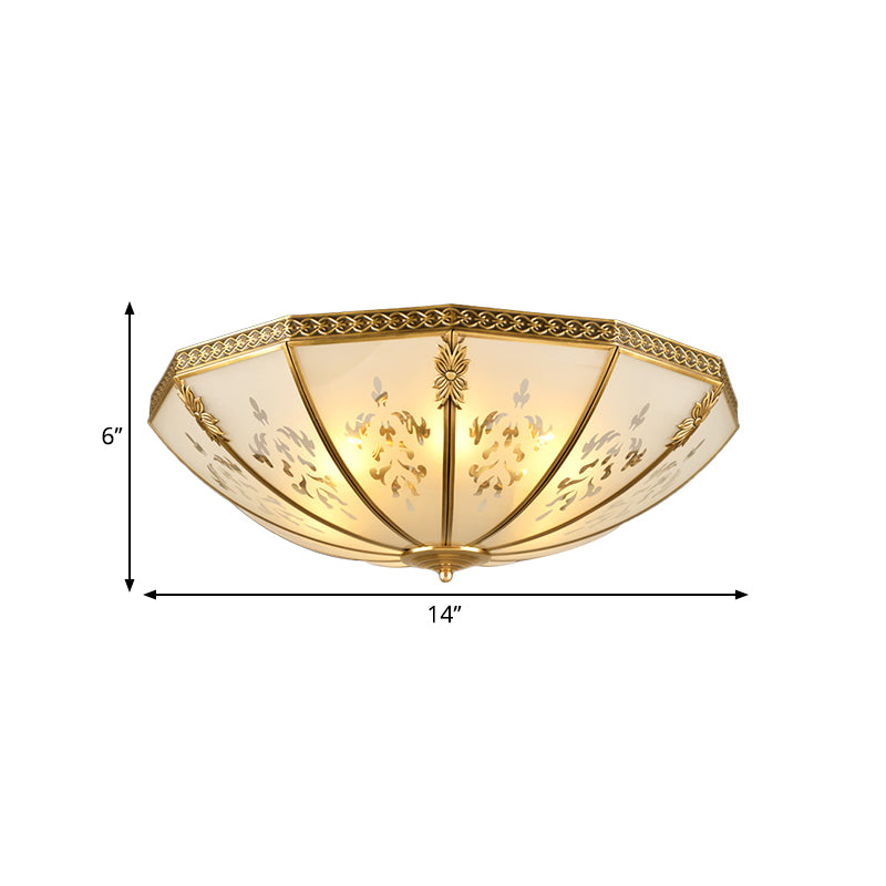 Colonialism Bowl Ceiling Mount Light Fixture 3 Bulbs Milk Glass Flush Mount Chandelier in Brass for Bedroom Clearhalo 'Ceiling Lights' 'Close To Ceiling Lights' 'Close to ceiling' 'Flush mount' Lighting' 271165