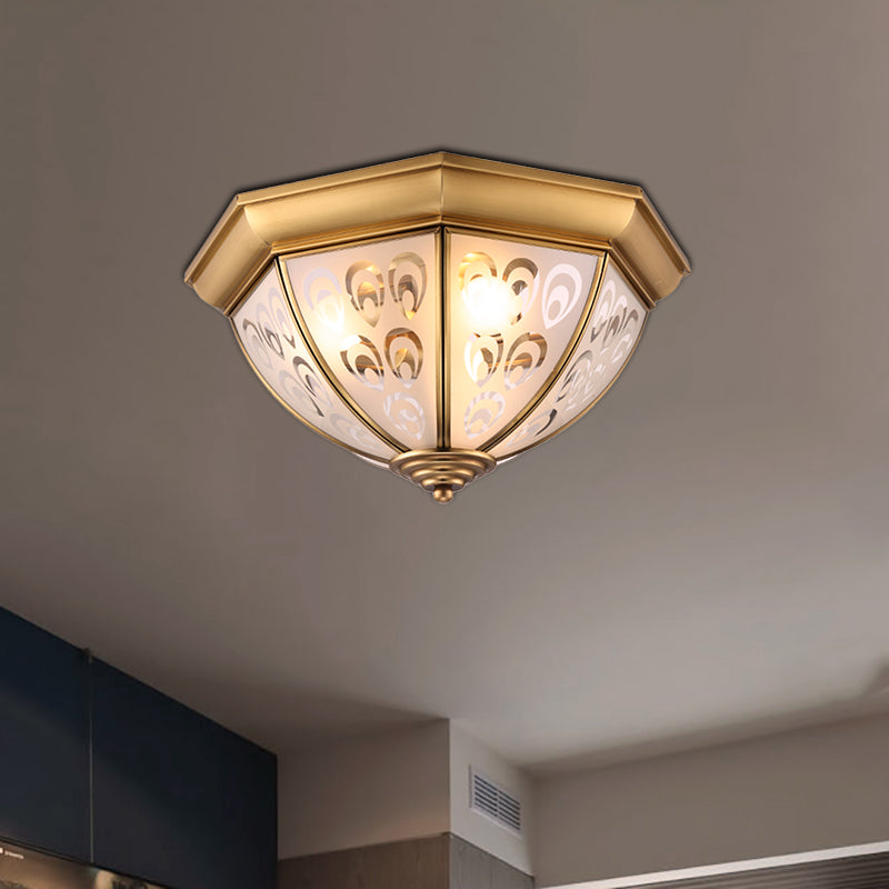 Brass 3/4 Heads Flush Mount Lamp Colonialism Sandblasted Glass Bowl Ceiling Fixture for Study Room, 15"/19" W Brass Clearhalo 'Ceiling Lights' 'Close To Ceiling Lights' 'Close to ceiling' 'Flush mount' Lighting' 271178