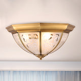 Brass 3/4 Heads Flush Mount Lamp Colonialism Sandblasted Glass Bowl Ceiling Fixture for Study Room, 15"/19" W Clearhalo 'Ceiling Lights' 'Close To Ceiling Lights' 'Close to ceiling' 'Flush mount' Lighting' 271179