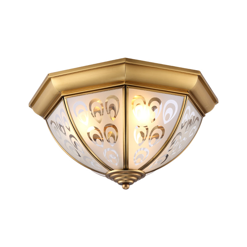 Brass 3/4 Heads Flush Mount Lamp Colonialism Sandblasted Glass Bowl Ceiling Fixture for Study Room, 15"/19" W Clearhalo 'Ceiling Lights' 'Close To Ceiling Lights' 'Close to ceiling' 'Flush mount' Lighting' 271181