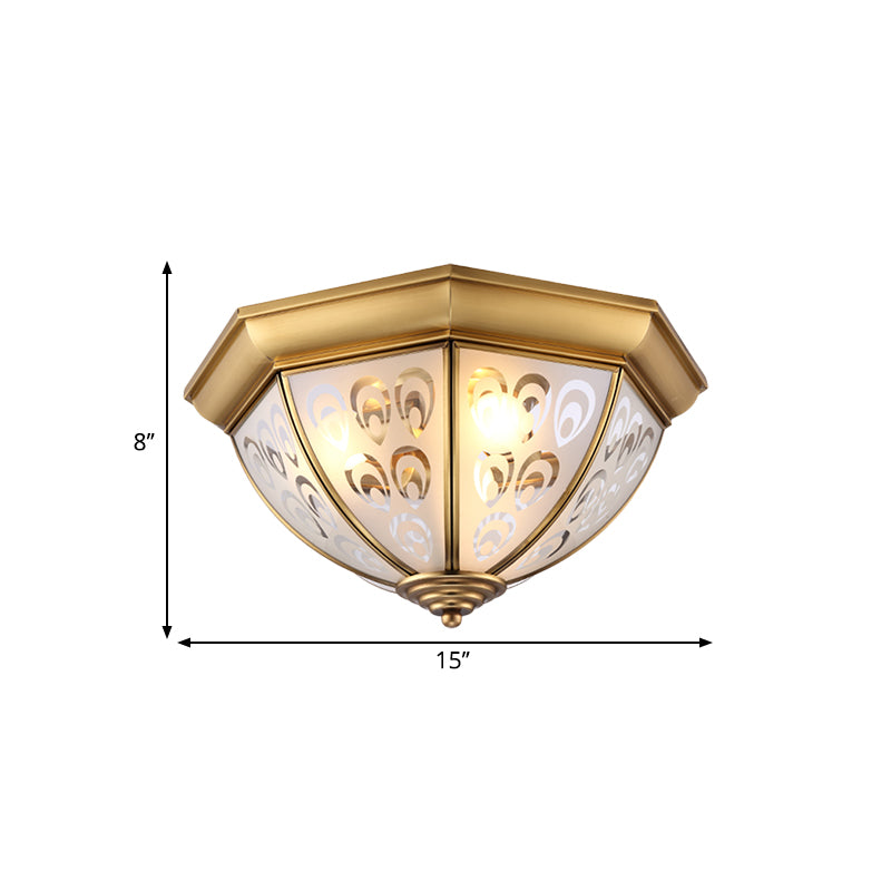 Brass 3/4 Heads Flush Mount Lamp Colonialism Sandblasted Glass Bowl Ceiling Fixture for Study Room, 15"/19" W Clearhalo 'Ceiling Lights' 'Close To Ceiling Lights' 'Close to ceiling' 'Flush mount' Lighting' 271182