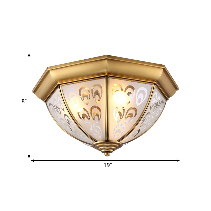 Brass 3/4 Heads Flush Mount Lamp Colonialism Sandblasted Glass Bowl Ceiling Fixture for Study Room, 15"/19" W Clearhalo 'Ceiling Lights' 'Close To Ceiling Lights' 'Close to ceiling' 'Flush mount' Lighting' 271183