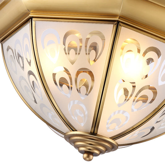 Brass 3/4 Heads Flush Mount Lamp Colonialism Sandblasted Glass Bowl Ceiling Fixture for Study Room, 15"/19" W Clearhalo 'Ceiling Lights' 'Close To Ceiling Lights' 'Close to ceiling' 'Flush mount' Lighting' 271184