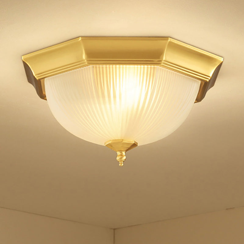 12.5"/15" W Dome Foyer Flush Mount Light Colonial Ribbed Opal Glass 2/3 Bulbs Brass Close to Ceiling Lamp Clearhalo 'Ceiling Lights' 'Close To Ceiling Lights' 'Close to ceiling' 'Flush mount' Lighting' 271208