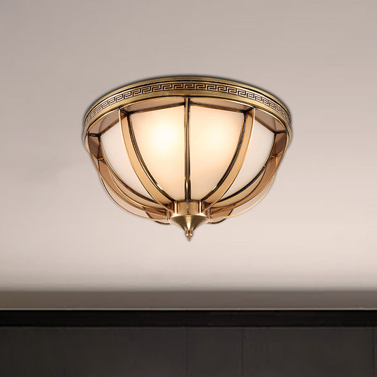 Opal-White Glass Brass Ceiling Flush Dome 16.5"/20.5" W 3/4 Heads Colonialist Flush Mount Lamp for Living Room Brass Clearhalo 'Ceiling Lights' 'Close To Ceiling Lights' 'Close to ceiling' 'Flush mount' Lighting' 271218