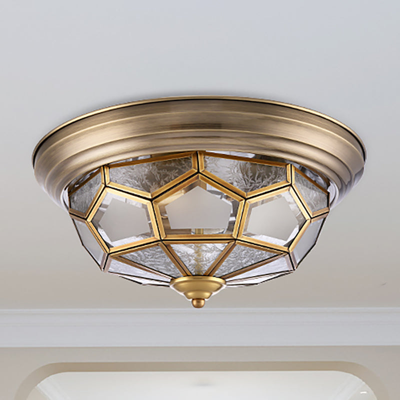 Frosted Bevel Glass Brass Ceiling Flush Faceted 3 Heads Colonialist Flush Mount Lamp for Bedroom Clearhalo 'Ceiling Lights' 'Close To Ceiling Lights' 'Close to ceiling' 'Flush mount' Lighting' 271230