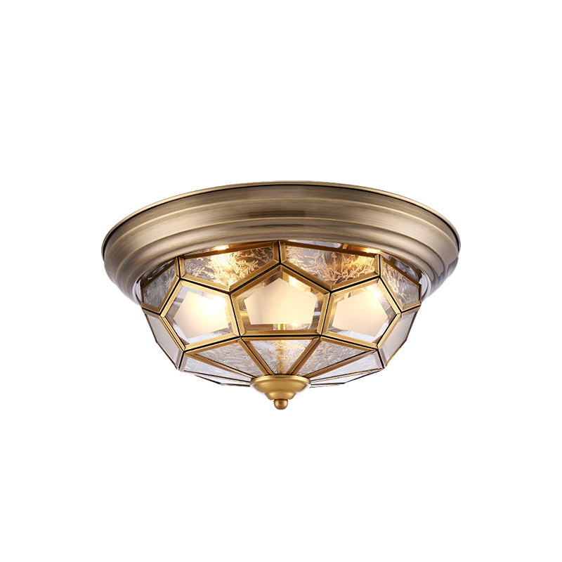 Frosted Bevel Glass Brass Ceiling Flush Faceted 3 Heads Colonialist Flush Mount Lamp for Bedroom Clearhalo 'Ceiling Lights' 'Close To Ceiling Lights' 'Close to ceiling' 'Flush mount' Lighting' 271232