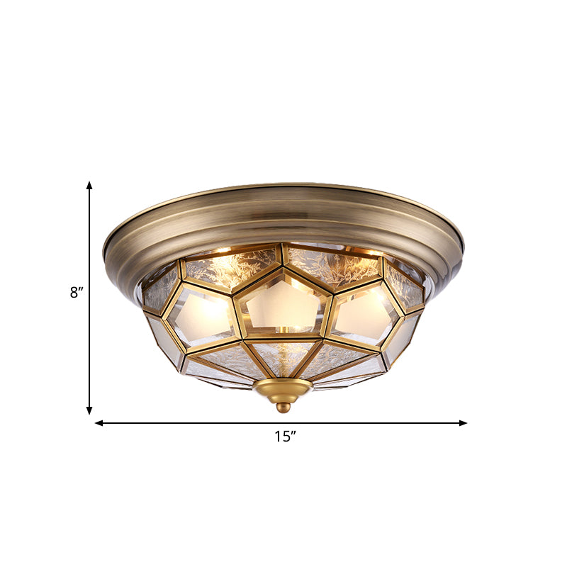 Frosted Bevel Glass Brass Ceiling Flush Faceted 3 Heads Colonialist Flush Mount Lamp for Bedroom Clearhalo 'Ceiling Lights' 'Close To Ceiling Lights' 'Close to ceiling' 'Flush mount' Lighting' 271233