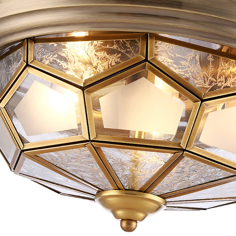 Frosted Bevel Glass Brass Ceiling Flush Faceted 3 Heads Colonialist Flush Mount Lamp for Bedroom Clearhalo 'Ceiling Lights' 'Close To Ceiling Lights' 'Close to ceiling' 'Flush mount' Lighting' 271234