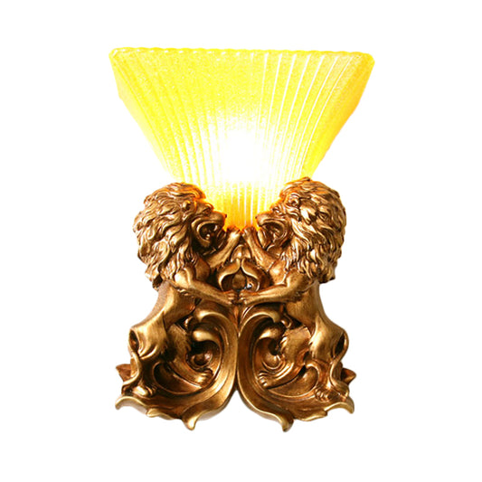 Vintage Flared Sconce Light 1 Light Yellow Ribbed Glass Wall Mounted Lamp with Brass Finish Resin Lion Clearhalo 'Wall Lamps & Sconces' 'Wall Lights' Lighting' 271238