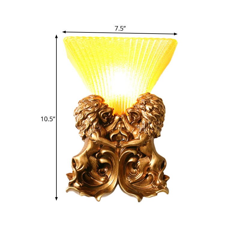 Vintage Flared Sconce Light 1 Light Yellow Ribbed Glass Wall Mounted Lamp with Brass Finish Resin Lion Clearhalo 'Wall Lamps & Sconces' 'Wall Lights' Lighting' 271239