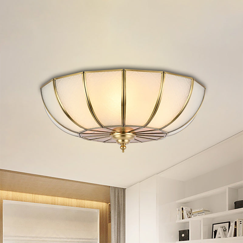 Brass 4 Heads Flush Mount Lamp Colonialism Sandblasted Glass Crown/Bowl/Drum Ceiling Fixture for Living Room Brass Bowl Clearhalo 'Ceiling Lights' 'Close To Ceiling Lights' 'Close to ceiling' 'Flush mount' Lighting' 271273