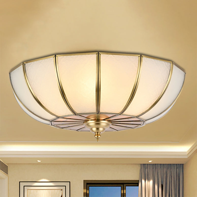 Brass 4 Heads Flush Mount Lamp Colonialism Sandblasted Glass Crown/Bowl/Drum Ceiling Fixture for Living Room Clearhalo 'Ceiling Lights' 'Close To Ceiling Lights' 'Close to ceiling' 'Flush mount' Lighting' 271274