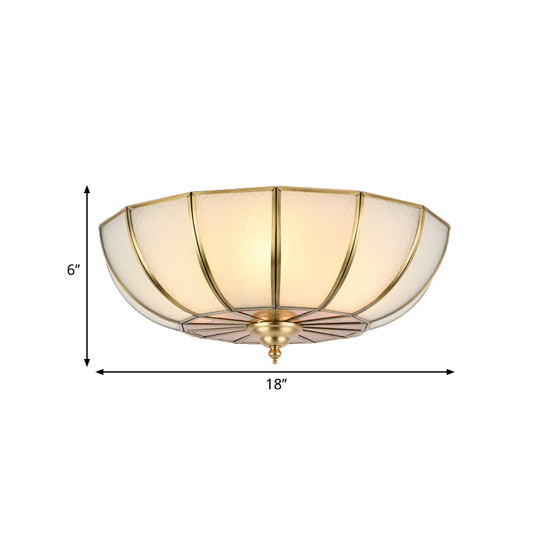 Brass 4 Heads Flush Mount Lamp Colonialism Sandblasted Glass Crown/Bowl/Drum Ceiling Fixture for Living Room Clearhalo 'Ceiling Lights' 'Close To Ceiling Lights' 'Close to ceiling' 'Flush mount' Lighting' 271277