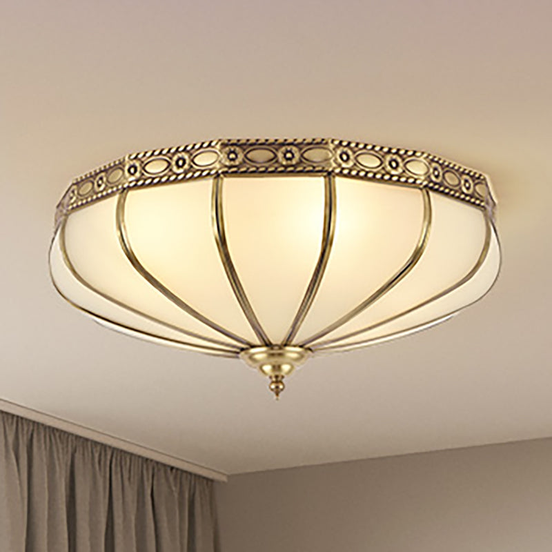 Brass 4 Heads Flush Mount Lamp Colonialism Sandblasted Glass Crown/Bowl/Drum Ceiling Fixture for Living Room Brass Crown Clearhalo 'Ceiling Lights' 'Close To Ceiling Lights' 'Close to ceiling' 'Flush mount' Lighting' 271278