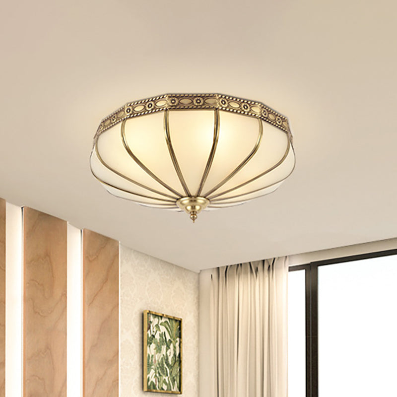 Brass 4 Heads Flush Mount Lamp Colonialism Sandblasted Glass Crown/Bowl/Drum Ceiling Fixture for Living Room Clearhalo 'Ceiling Lights' 'Close To Ceiling Lights' 'Close to ceiling' 'Flush mount' Lighting' 271279