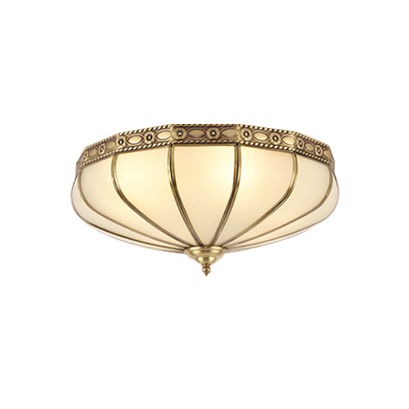 Brass 4 Heads Flush Mount Lamp Colonialism Sandblasted Glass Crown/Bowl/Drum Ceiling Fixture for Living Room Clearhalo 'Ceiling Lights' 'Close To Ceiling Lights' 'Close to ceiling' 'Flush mount' Lighting' 271281