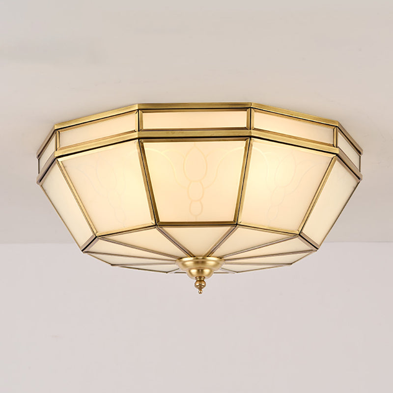 Brass 4 Heads Flush Mount Lamp Colonialism Sandblasted Glass Crown/Bowl/Drum Ceiling Fixture for Living Room Brass Drum Clearhalo 'Ceiling Lights' 'Close To Ceiling Lights' 'Close to ceiling' 'Flush mount' Lighting' 271284