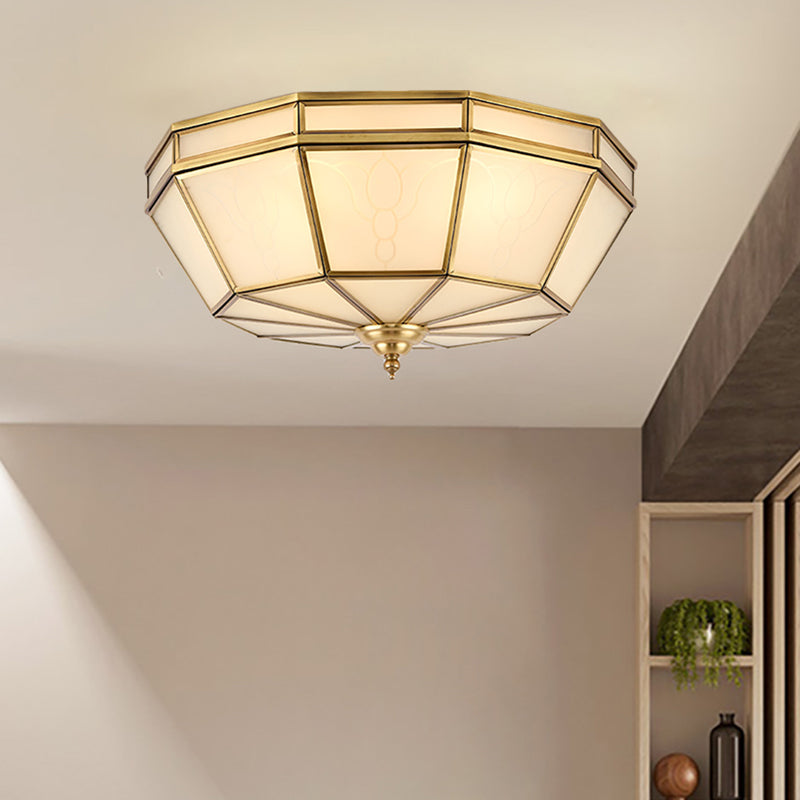 Brass 4 Heads Flush Mount Lamp Colonialism Sandblasted Glass Crown/Bowl/Drum Ceiling Fixture for Living Room Clearhalo 'Ceiling Lights' 'Close To Ceiling Lights' 'Close to ceiling' 'Flush mount' Lighting' 271285