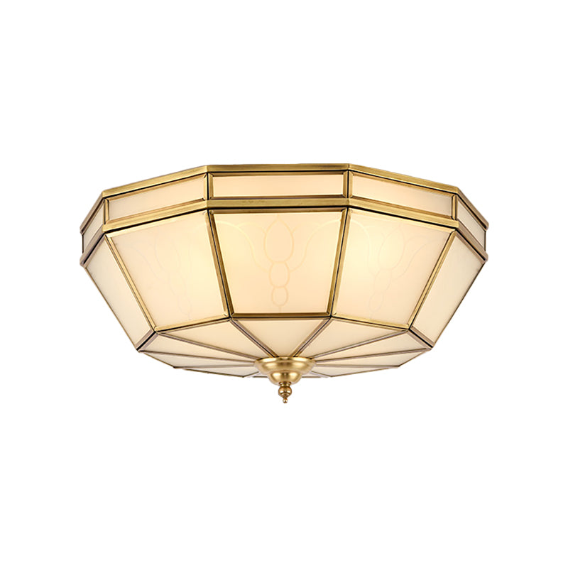 Brass 4 Heads Flush Mount Lamp Colonialism Sandblasted Glass Crown/Bowl/Drum Ceiling Fixture for Living Room Clearhalo 'Ceiling Lights' 'Close To Ceiling Lights' 'Close to ceiling' 'Flush mount' Lighting' 271287