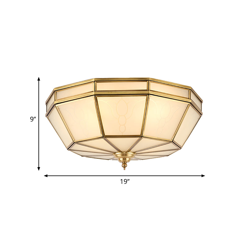 Brass 4 Heads Flush Mount Lamp Colonialism Sandblasted Glass Crown/Bowl/Drum Ceiling Fixture for Living Room Clearhalo 'Ceiling Lights' 'Close To Ceiling Lights' 'Close to ceiling' 'Flush mount' Lighting' 271288