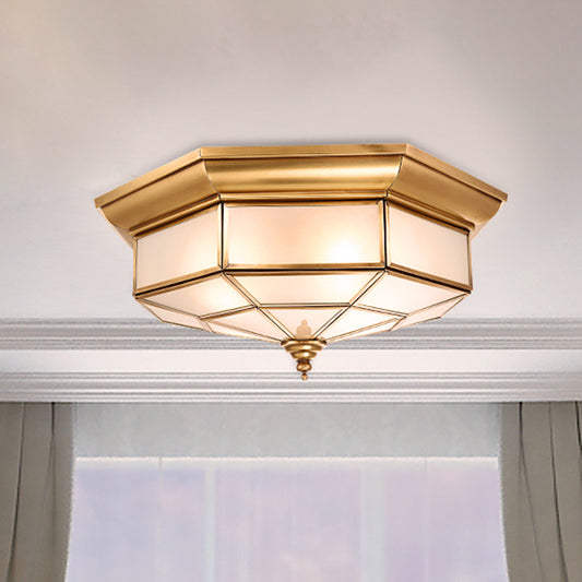 17"/23.5" W Prismatic Milky Glass Ceiling Lighting Colonial 4/6 Bulbs Living Room Flush Mount Ceiling Light in Brass Brass Clearhalo 'Ceiling Lights' 'Close To Ceiling Lights' 'Close to ceiling' 'Flush mount' Lighting' 271315