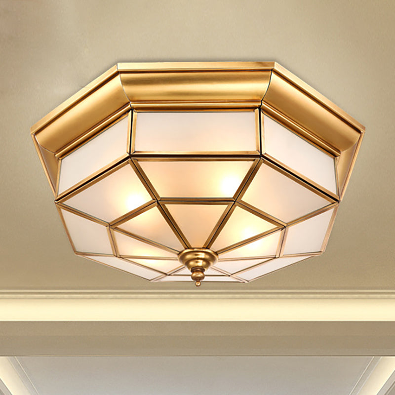 17"/23.5" W Prismatic Milky Glass Ceiling Lighting Colonial 4/6 Bulbs Living Room Flush Mount Ceiling Light in Brass Clearhalo 'Ceiling Lights' 'Close To Ceiling Lights' 'Close to ceiling' 'Flush mount' Lighting' 271316