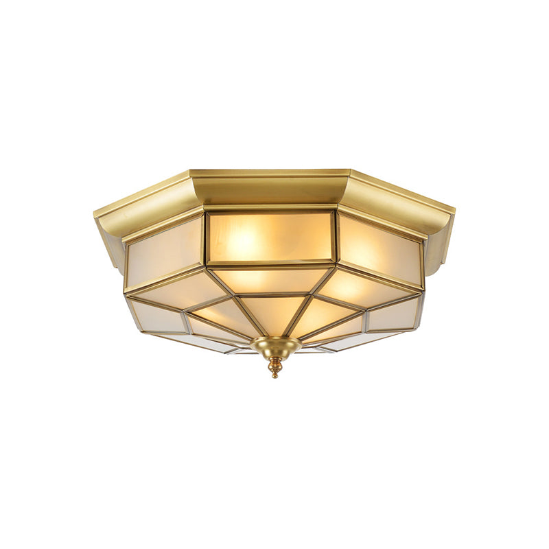 17"/23.5" W Prismatic Milky Glass Ceiling Lighting Colonial 4/6 Bulbs Living Room Flush Mount Ceiling Light in Brass Clearhalo 'Ceiling Lights' 'Close To Ceiling Lights' 'Close to ceiling' 'Flush mount' Lighting' 271318