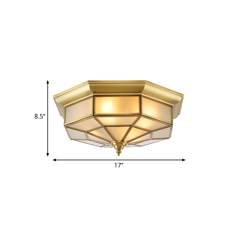 17"/23.5" W Prismatic Milky Glass Ceiling Lighting Colonial 4/6 Bulbs Living Room Flush Mount Ceiling Light in Brass Clearhalo 'Ceiling Lights' 'Close To Ceiling Lights' 'Close to ceiling' 'Flush mount' Lighting' 271319