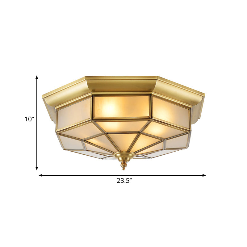 17"/23.5" W Prismatic Milky Glass Ceiling Lighting Colonial 4/6 Bulbs Living Room Flush Mount Ceiling Light in Brass Clearhalo 'Ceiling Lights' 'Close To Ceiling Lights' 'Close to ceiling' 'Flush mount' Lighting' 271320